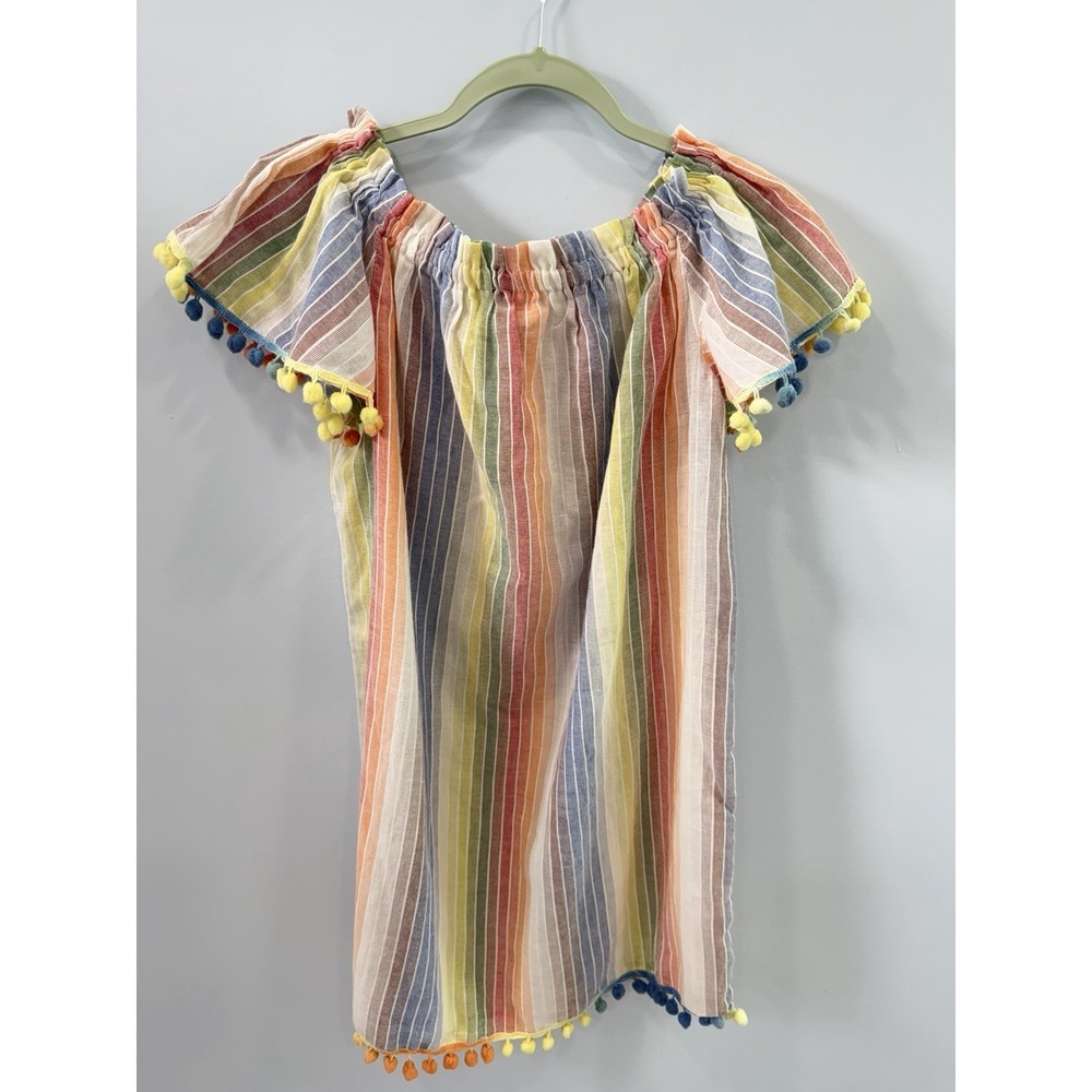 America And Beyond Rainbow Stripe Off Shoulder Pom Pom Boho Peasant Top SM